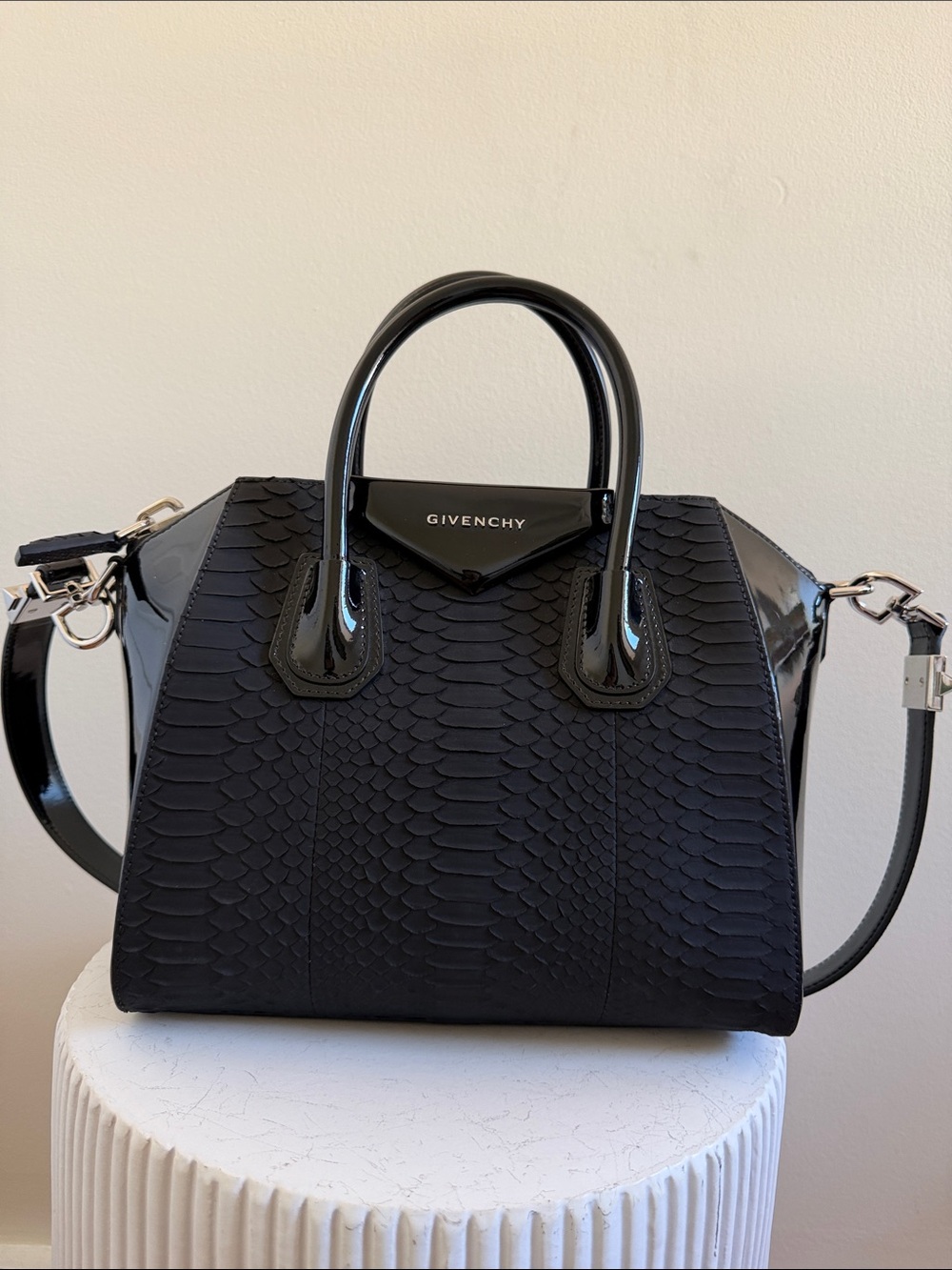 Givenchy Black Antigona Python Patent Handbag